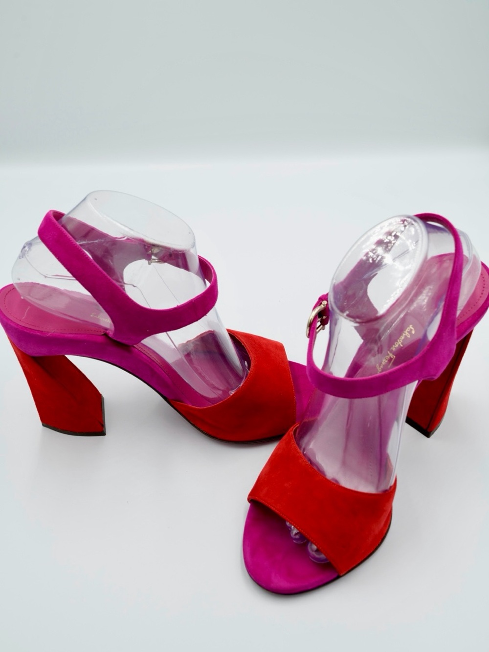 Salvatore Ferragamo Aede Colorblock Suede Sculptural Heel Sandals Size 10 - Picture 5 of 6